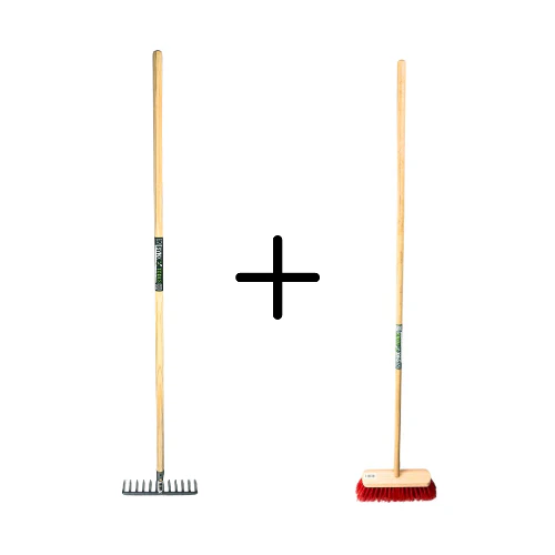 Synx Tools Tuinhark 8 Tanden verzinkt + Nylon Straatbezem 30 cm - Kunststof haren - Bodembewerkers - Onkruidverwijderaar – Schrobborstels – Buitenbezem met steel 150 cm – Hark met steel 150 cm