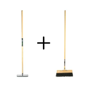 Synx Tools Tuinhark 12 Tanden verzinkt + Nylon Straatbezem Zwart 40 cm – Kunststof haren - Bodembewerkers - Onkruidverwijderaar – Schrobborstels – Hark met steel 150 cm – Buitenbezem met steel 150 cm