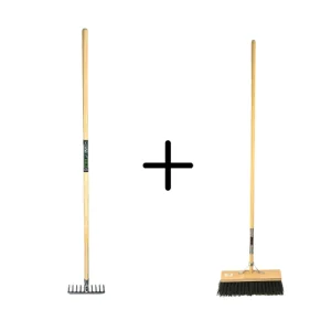 Synx Tools Tuinhark 10 Tanden verzinkt + Nylon Straatbezem Zwart 40 cm – Kunststof haren - Bodembewerkers - Onkruidverwijderaar – Schrobborstels – Hark met steel 150 cm – Buitenbezem met steel 150 cm