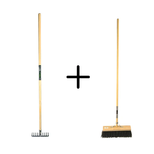 Synx Tools Tuinhark 10 Tanden verzinkt + Nylon Straatbezem Zwart 40 cm – Kunststof haren - Bodembewerkers - Onkruidverwijderaar – Schrobborstels – Hark met steel 150 cm – Buitenbezem met steel 150 cm
