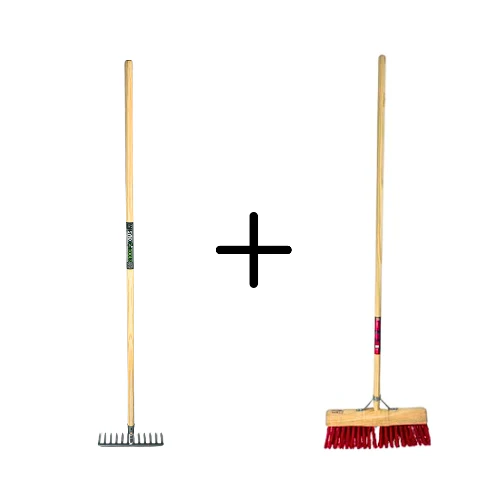 Synx Tools Tuinhark 12 Tanden verzinkt + Nylon Prof Gemeente bezem 45 cm – Bodembewerkers - Onkruidverwijderaar – Schrobborstels – Hark met steel 150 cm – Buitenbezem met steel 150 cm
