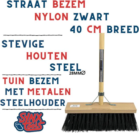 Synx Tools Tuinhark 10 Tanden verzinkt + Nylon Straatbezem Zwart 40 cm – Kunststof haren - Bodembewerkers - Onkruidverwijderaar – Schrobborstels – Hark met steel 150 cm – Buitenbezem met steel 150 cm - Afbeelding 3