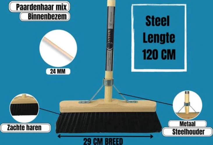 Synx Tools Paardenhaar 29cm + Vloertrekker 35cm met Steel 120cm - Kamerveger – Vloerreiniger – Moppen – Zachte binnenbezem met steel 120cm - Afbeelding 3