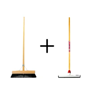 Synx Tools Paardenhaar 30cm + Vloertrekker Kunststof 35cm met Steel 120cm – Zaalveger – Vloerreiniger – Natuurrubber – Zachte binnenbezem met steel 130cm